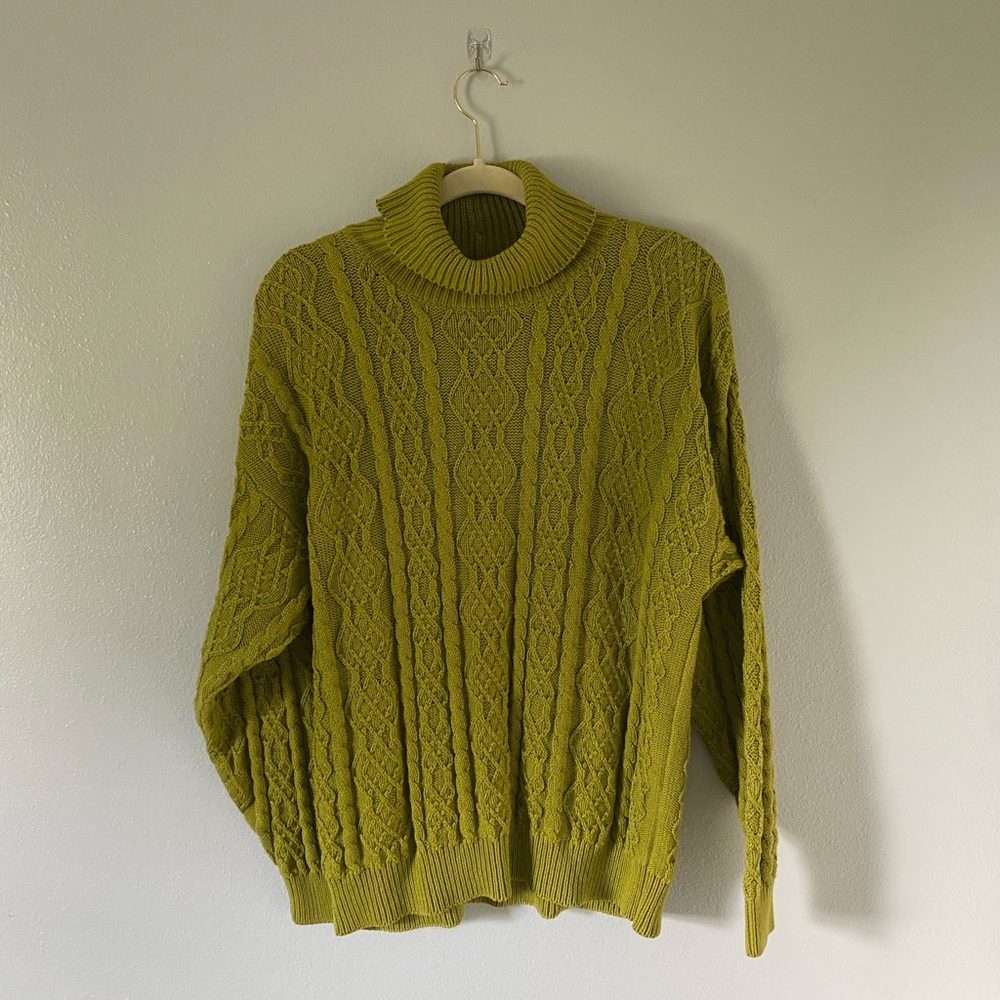 Jeanne Pierre vintage women's chartreuse cable knit sweater size L fisherman